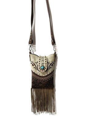 NWT Bella Beige Print Pu Leather Fringe Western Crossbody Messenger Pouch